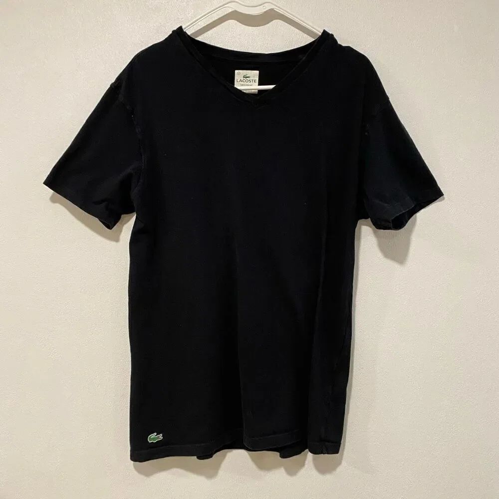 Lacoste Men’s Black V-Neck T-Shirt Logo Tee Size L